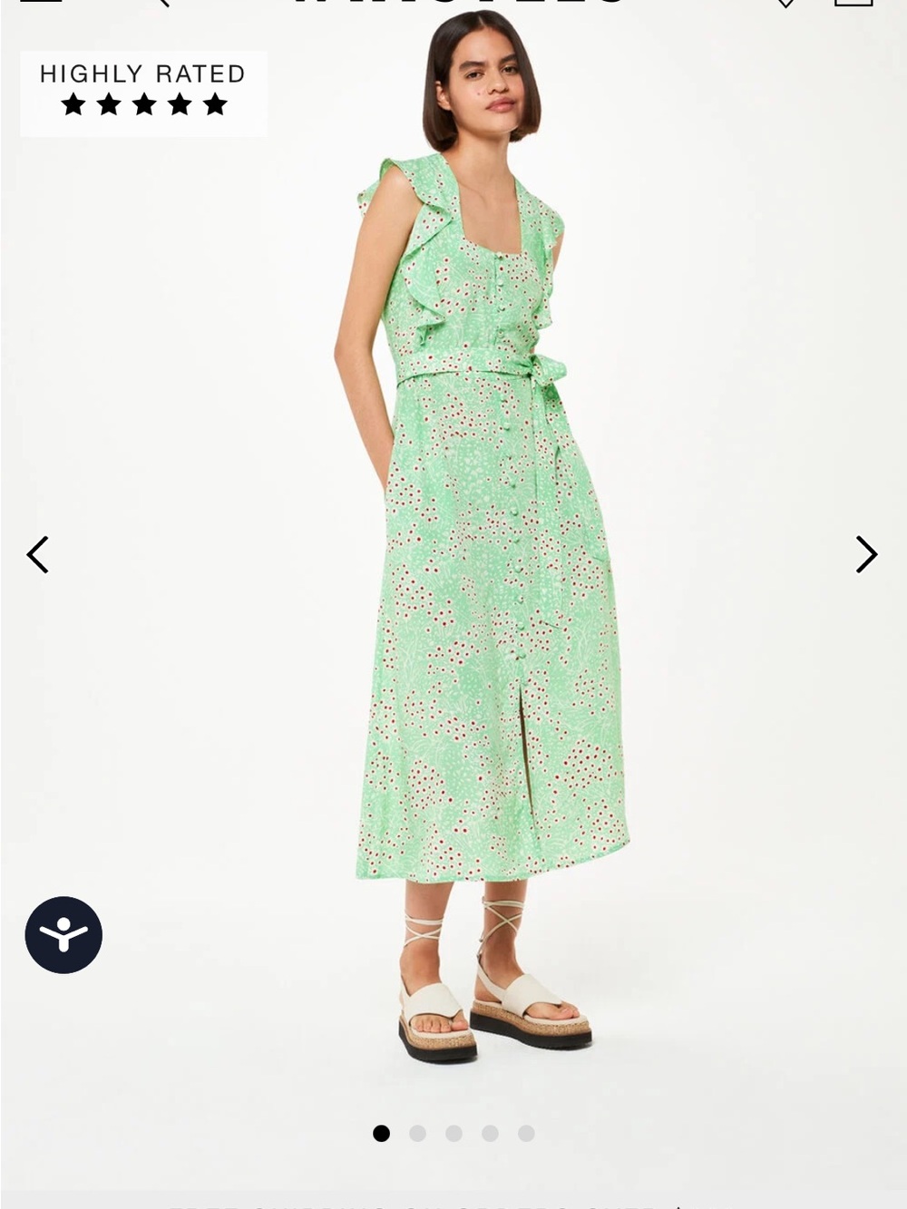 Whistles Mint Green Floral Midi Dress Size 0 Ruffle Sleeve Cottagecore Tea Dress